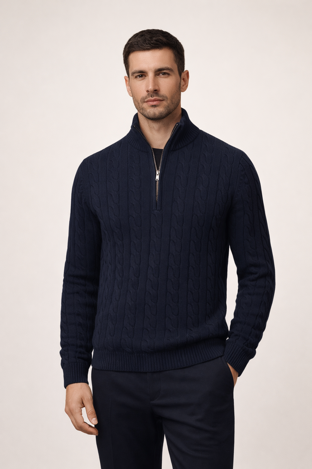 Classic Cable Quarter Zip Navy