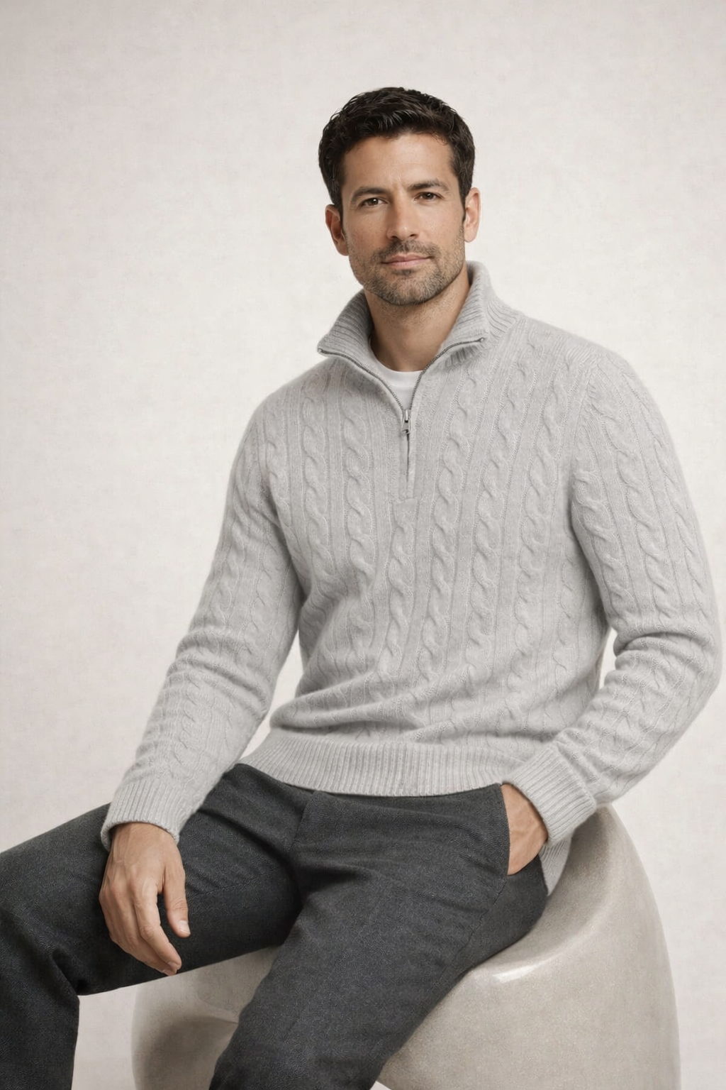 Classic Cable Quarter Zip Grey