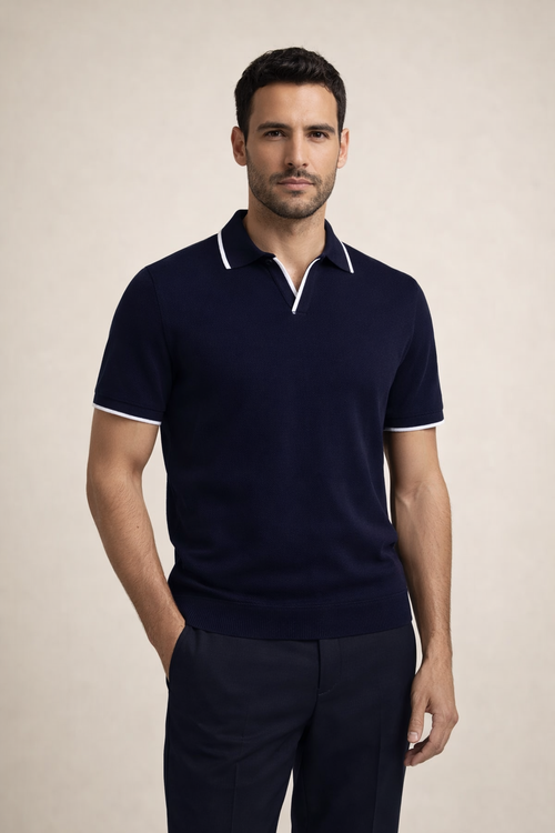 Buttonless Striped Polo Navy