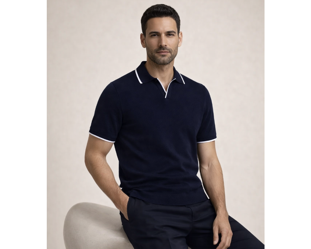 Buttonless Striped Polo Navy
