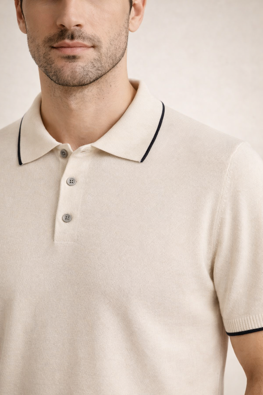 Fine Striped Knit Polo Beige