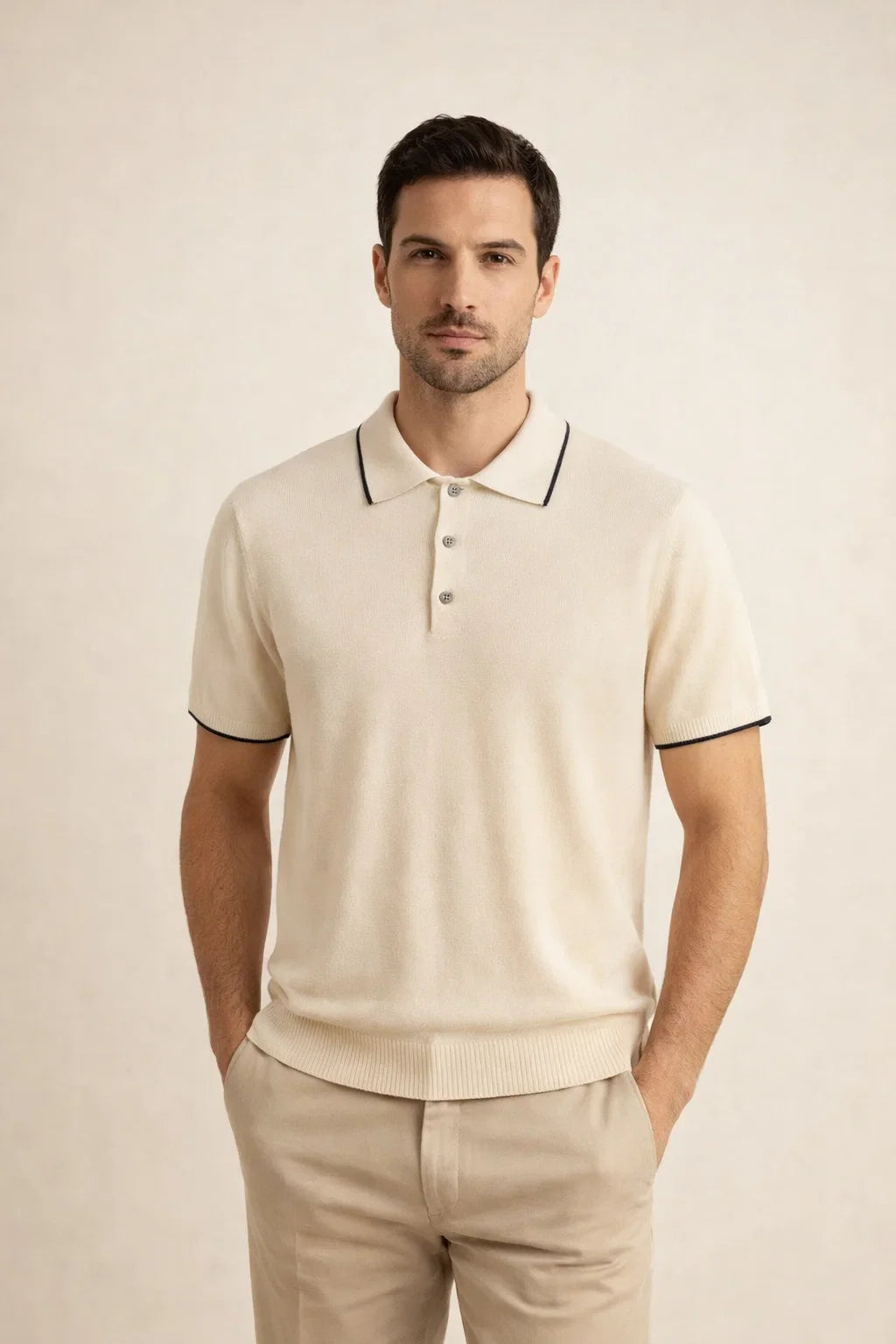 Fine Striped Knit Polo Beige