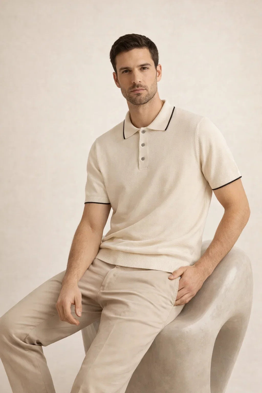 Fine Striped Knit Polo Beige