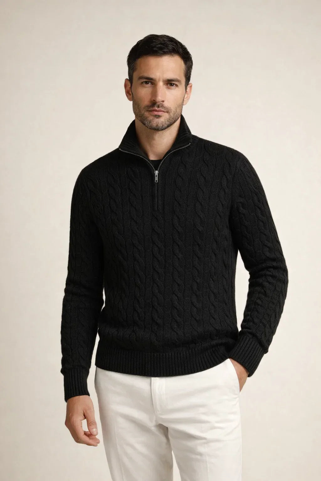 Classic Cable Quarter Zip Black