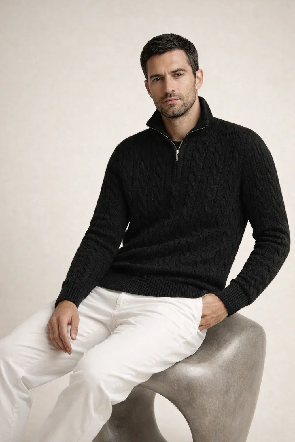 Classic Cable Quarter Zip Black